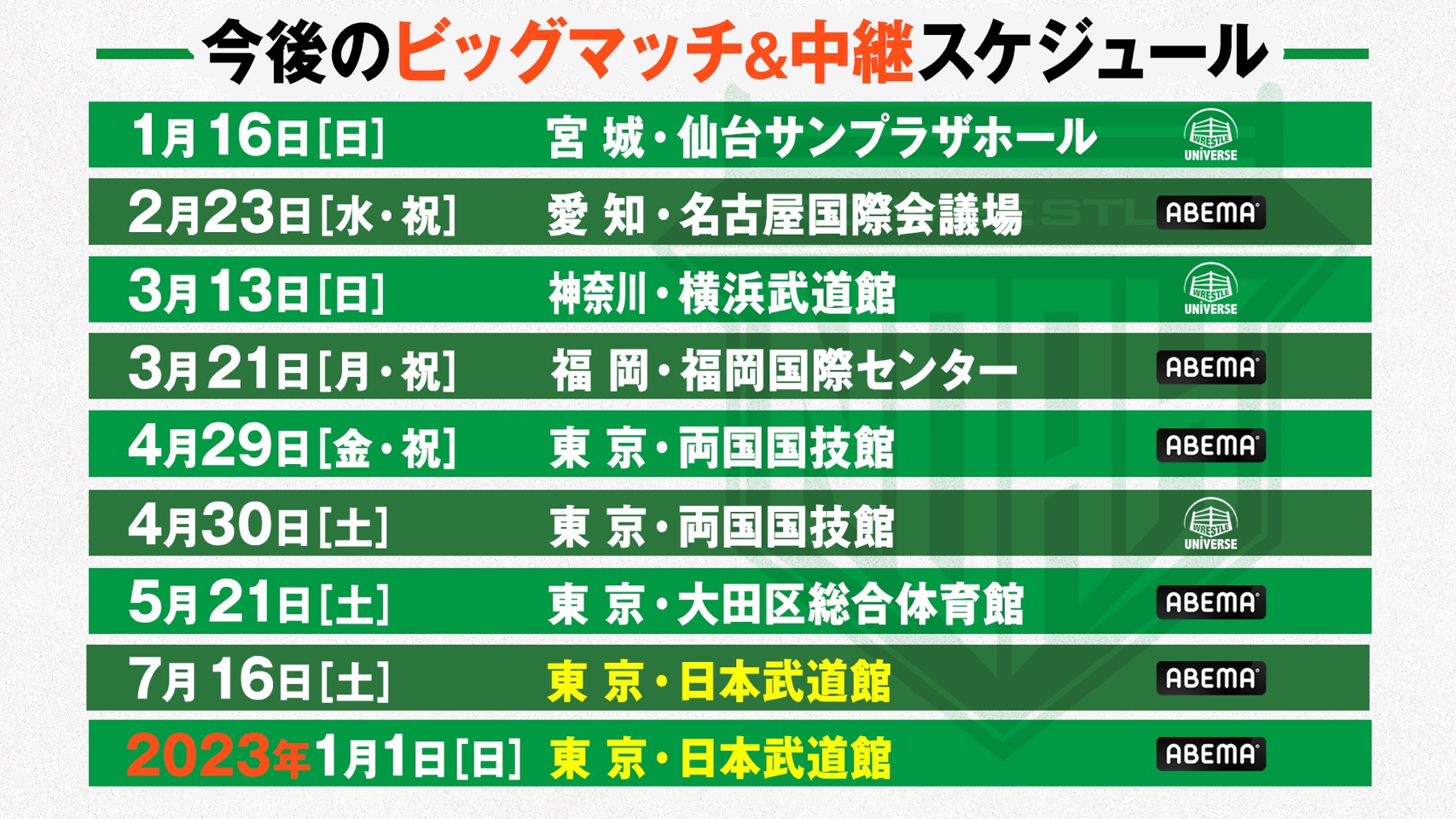 22年ノアは更に攻める 方舟激流計画 ビッグマッチスケジュール のお知らせ プロレスリング ノア公式サイト Pro Wrestling Noah Official Site